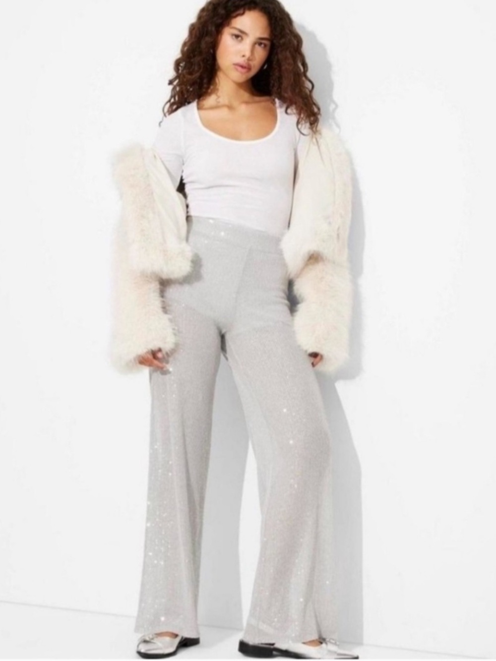 WILD FABLE SHIMMERING SILVER SEQUIN WIDE PALAZZO PANTS NWT